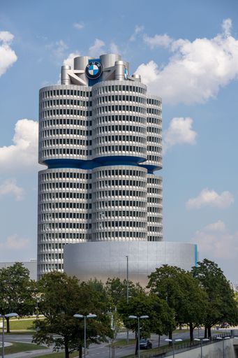A vertical shot of BMW headquarters in Munich with BMW Museum, Germany