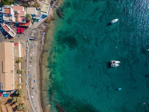 Aerial view of the Puertito de Adeje beach on the south coast of the island of Tenerife, Canary Islands, Spain.