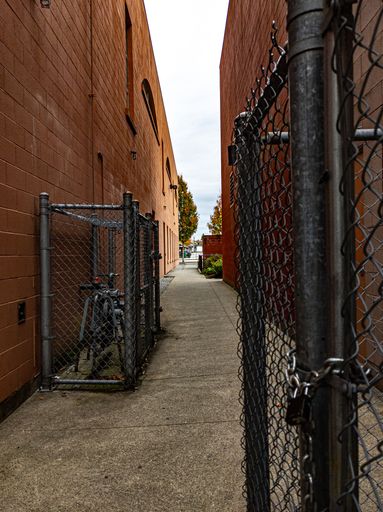 A vertical shot of a walkway between buildings with metal fence gate