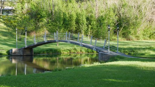 A beautiful shot of a small bridge over the river in a park