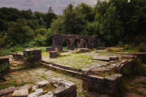 The landscape of Ruin of Errwood Hall in the forest