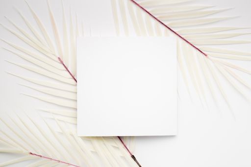 A top view of a blank square paper surrounded by decorative palm leaves