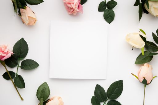 A top view of roses surrounding a blank square piece of paper isolated on a white background