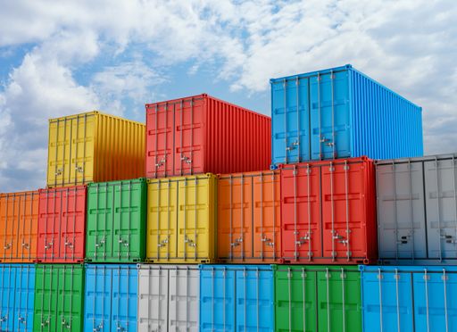 A group of colorful cargo containers under blue cloudy sky
