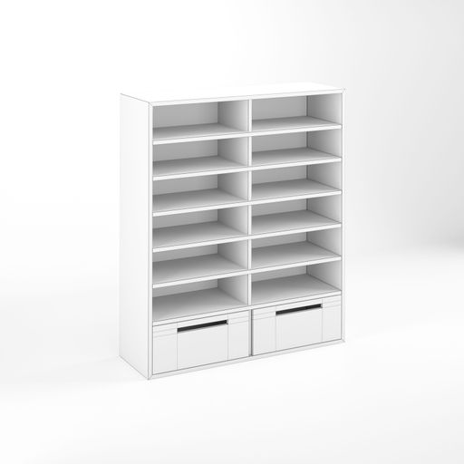 modern minimal furniture with white background studio style, its mixer of different wooden vs concrete textures, some are wireframe and pink furniture