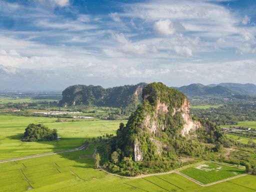 An aerial view of a green rocky mountain surrounded by a green field