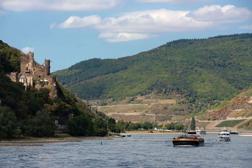 Cargo and tourist ships on the Rhine river valley near Ruedesheim, Germany.