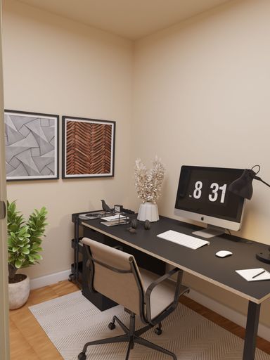 A 3D rendered design of comfortable workplace with computer desk and chair