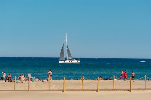 Canet en Roussillon, France: June 21, 2020: Sunny day in the tourist town of Canet en Roussillon in France on the Mediterranean Sea.