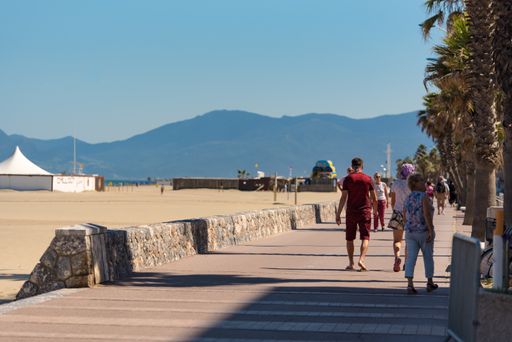 Canet en Roussillon, France: June 21, 2020: Sunny day in the tourist town of Canet en Roussillon in France on the Mediterranean Sea.