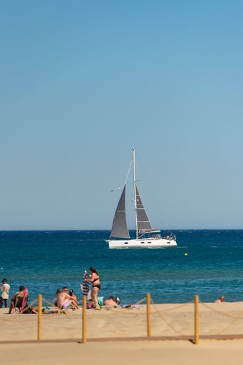 Canet en Roussillon, France: June 21, 2020: Sunny day in the tourist town of Canet en Roussillon in France on the Mediterranean Sea.