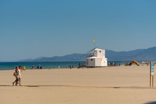 Canet en Roussillon, France: June 21, 2020: Sunny day in the tourist town of Canet en Roussillon in France on the Mediterranean Sea.