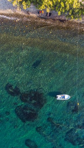 An aerial view of a boat on tranquil water moored near a beach with yellow trees