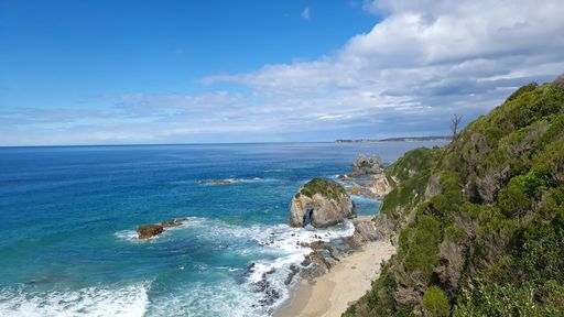 A beautiful shot of the Horsehead rock on a beach with mossy cliffs