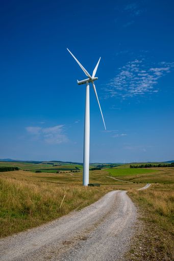 A vertical shot of wind turbines, a dirt-road passing through wind farms under a blue sky