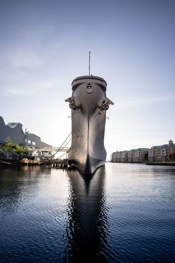 A vertical shot of the front of the ship