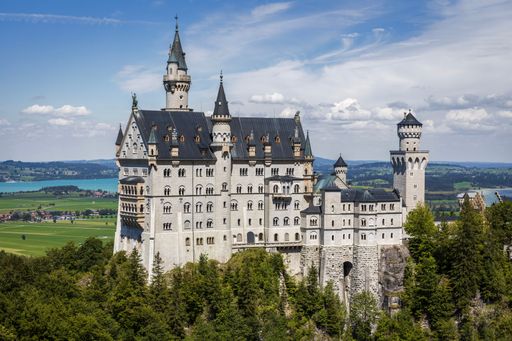 A scenic view of the Neuschwanstein Castle located in Bavaria, Germany