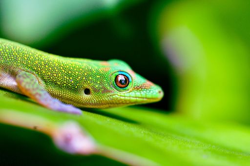 A macro shot of a lizard on a green leaf in a garden