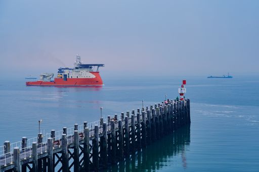 Vlissingen, Netherlands - August 11, 2020: The supply vessel with the name Larissa in front of the pier of Vlissingen, Netherlands