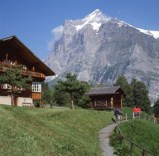 A scenic view of a group of people walking by a small wooden house with a tall mountain in the back