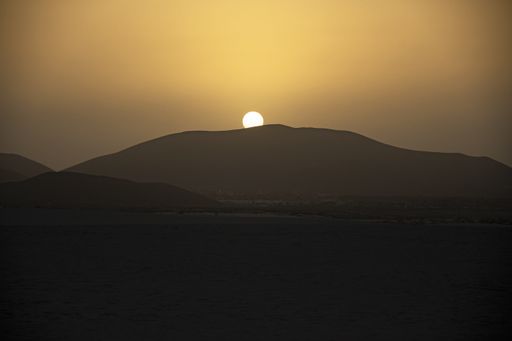 A tumbleweed desert at sunset