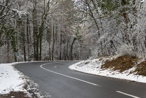 A beautiful view of a road surrounded by trees covered with snow