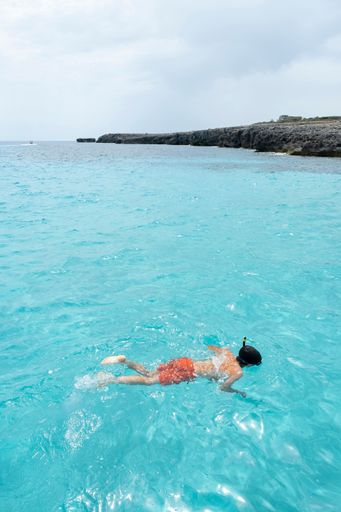 a boy in an orange swimsuit snorkeling near some rocks in a sea of crystal clear turquoise water, boy in the foreground diving, copy space, vertical