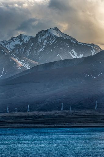 A vertical shot of the Pekucuo lake and Shishapangma snowy mountains in Xigaze, China