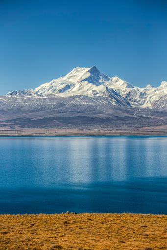A vertical shot of the Pekucuo lake and Shishapangma snowy mountains in Xigaze, China