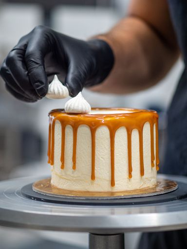 professional baker decorating a chocolate and cream cake with salty caramel