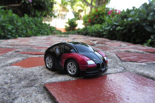 A closeup of a red and black car toy on the ground in a garden under the sunlight