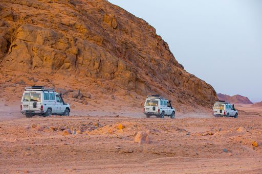 A group of safari jeeps driving in the sandy desert with mountains in the background