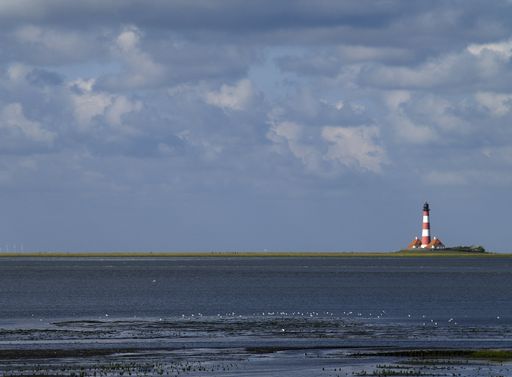 A distant shot of famous Westerhever lighthouse located in St. Peter-Ording, Germany