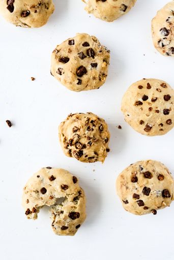 A top view of a group of mini cookies with chocolate isolated on the white background