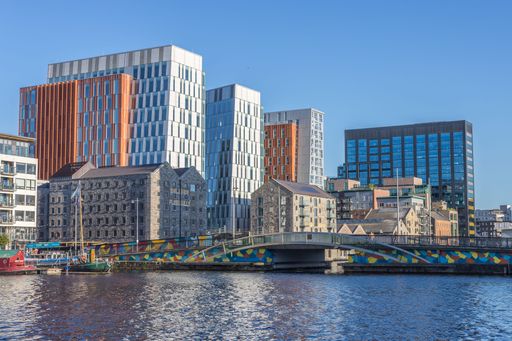 A beautiful view of the Docklands district near the River Liffey on a sunny day in Dublin, Ireland