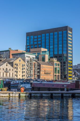 A beautiful view of the Docklands district near the River Liffey on a sunny day in Dublin, Ireland