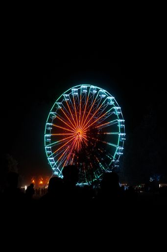 A vertical shot of the Ferris wheel at the Electric Castle Festival at night.