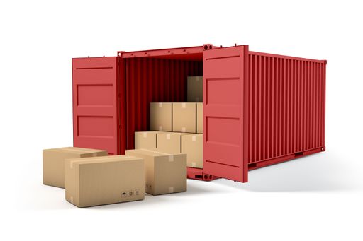A 3d rendering of a red trailer partially uploaded with cardboard boxes on a white background