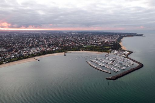 An aerial view of the Sandringham yacht club in Melbourne, Australia at sunrise