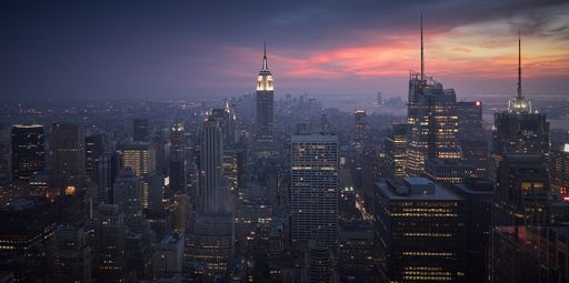 A high angle shot of a beautiful cityscape at sunset in New York City, USA