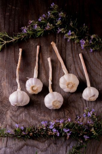 A top view of garlic and rosemary on a wooden table