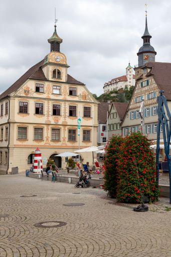 Downtown of Vaihingen with old houses, peoples and cafes