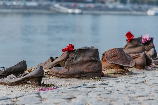 A selective focus of the Shoes on the Danube River Bank with flowers on the floor against a river scene