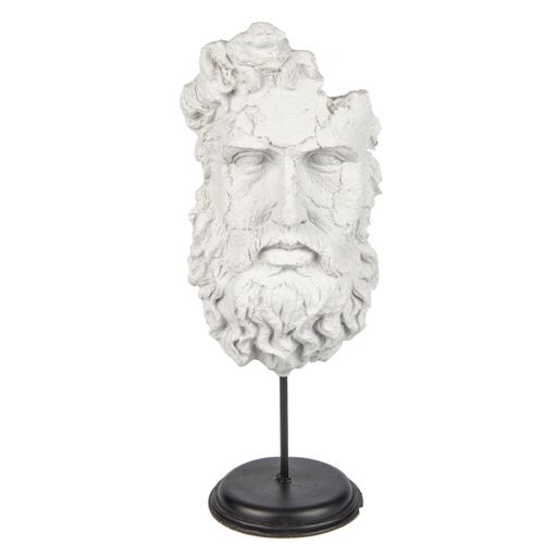 A white stone cracked sculpture of Zeus face on a black stand on a white background - interior decoration