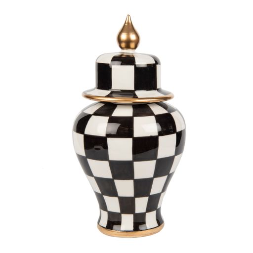 A chess printed ceramic vase on a white background - decoration for an interior