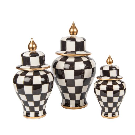 Three chess printed ceramic vases on a white background - decoration for an interior