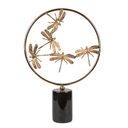 A metal ring shaped accessory with dragonflies on a white background