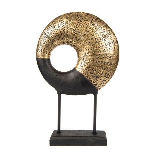 An abstract luxury interior accessory of a half golden circle with a hole with patterns on a black stand