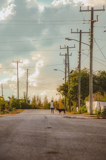 A vertical shot of a woman and her dog walking in the street with a cloudy sky in the background