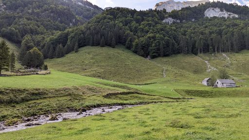 A beautiful green landscape with mountains and trees above a thin river and buildings